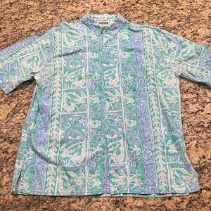 Vintage Surf Gear Mens Large Teal Purple Tribal Abstract Cotton Button Up Shirt